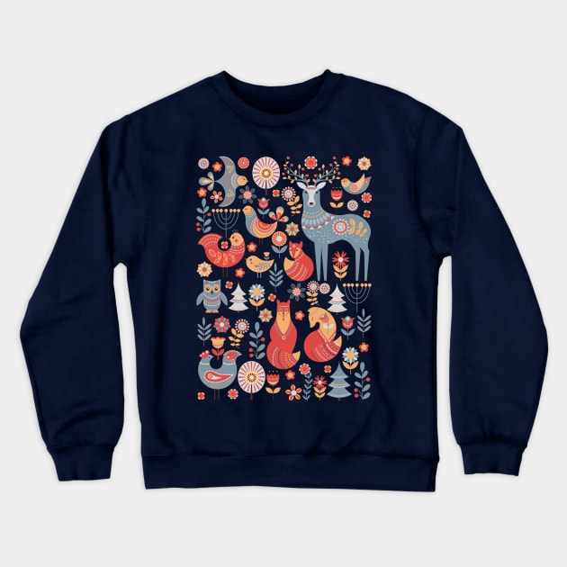 Forest animals and birds in the Scandinavian style. Crewneck Sweatshirt by Irina Skaska